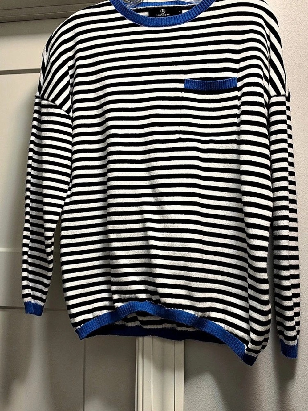 Lillusory Womens Striped Soft Knit Pullover Sweater with Chest Pocket Striped
